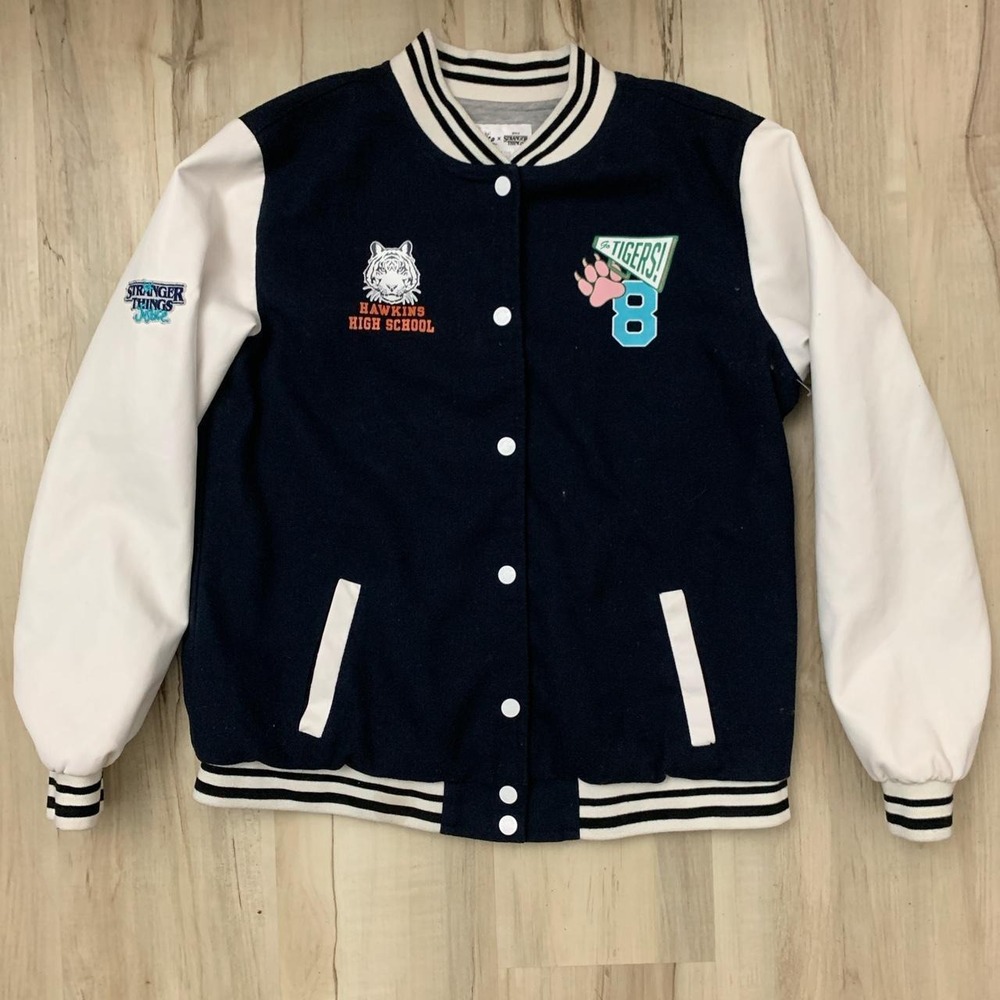 Justice Stranger Things Hawkins Tigers Varsity Jacket Navy White Girls 16/18 S